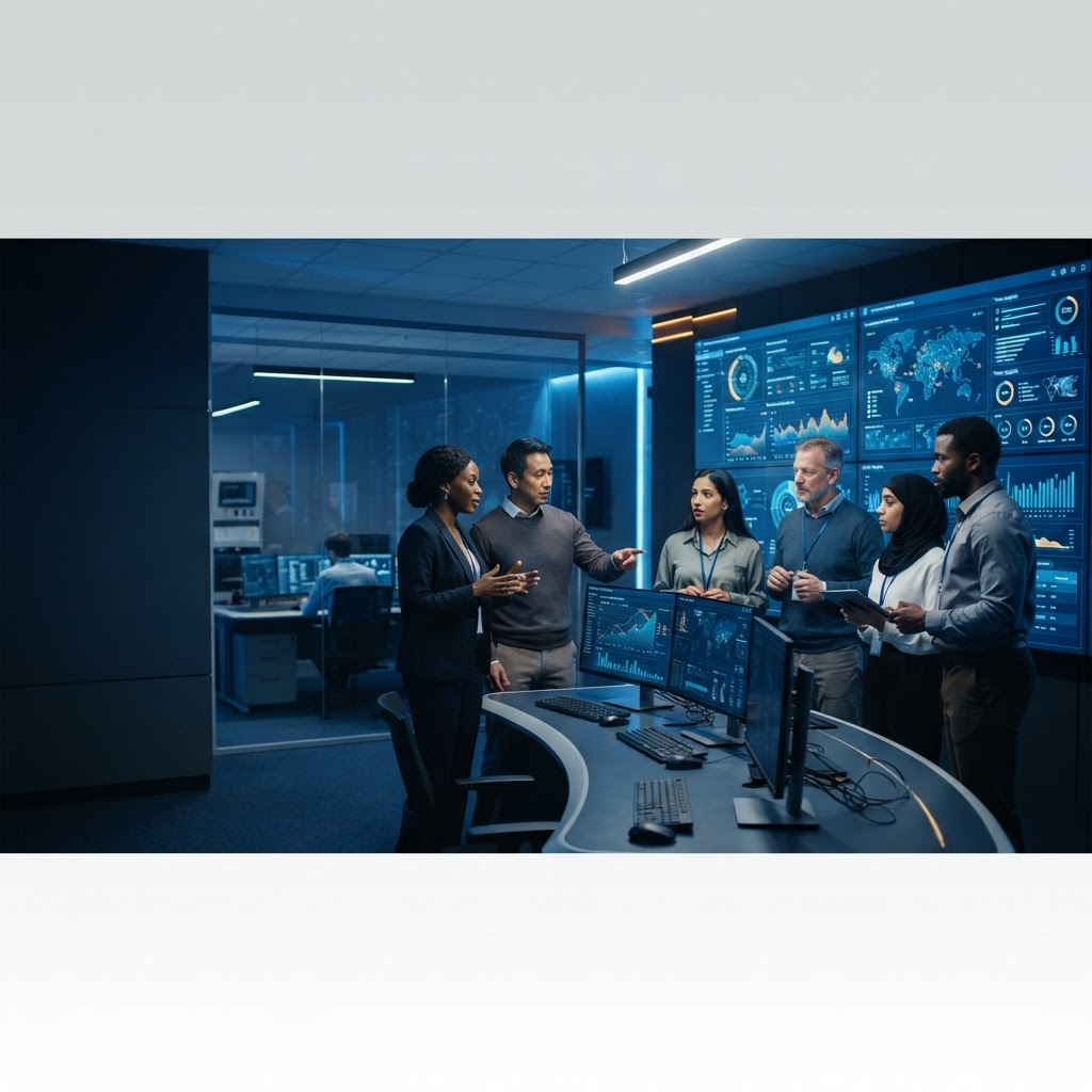 ETK-style technology command center with professionals reviewing secure systems